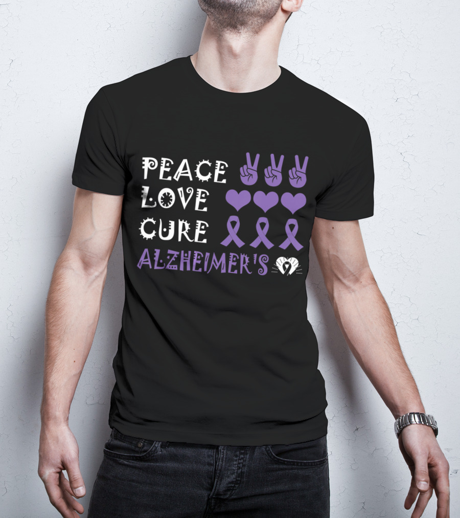 Peace Love Cure Alzheimer's Purple Ribbons Hearts And Peace Signs T-Shirt