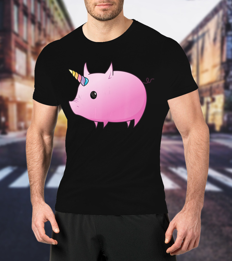 Unicorn Pig Rainbow Horn Adorable Cartoon Character T-Shirt