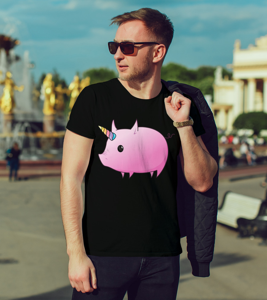 Unicorn Pig Rainbow Horn Adorable Cartoon Character T-Shirt