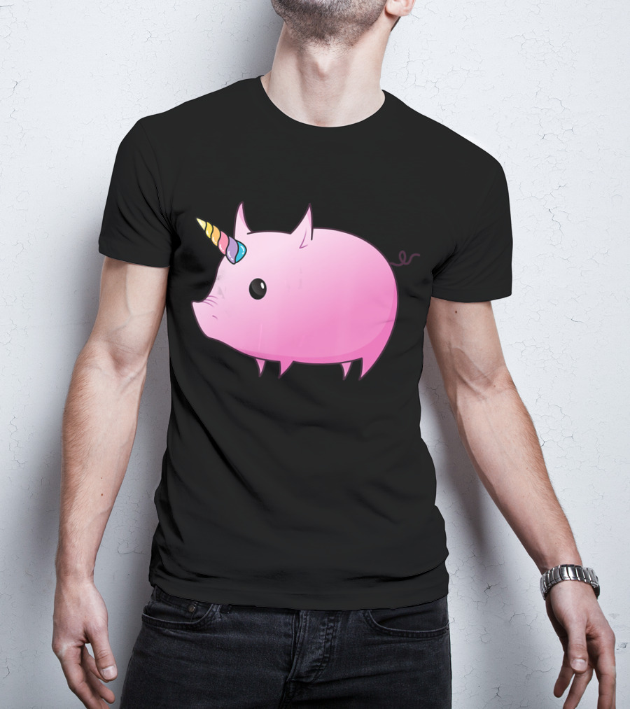 Unicorn Pig Rainbow Horn Adorable Cartoon Character T-Shirt