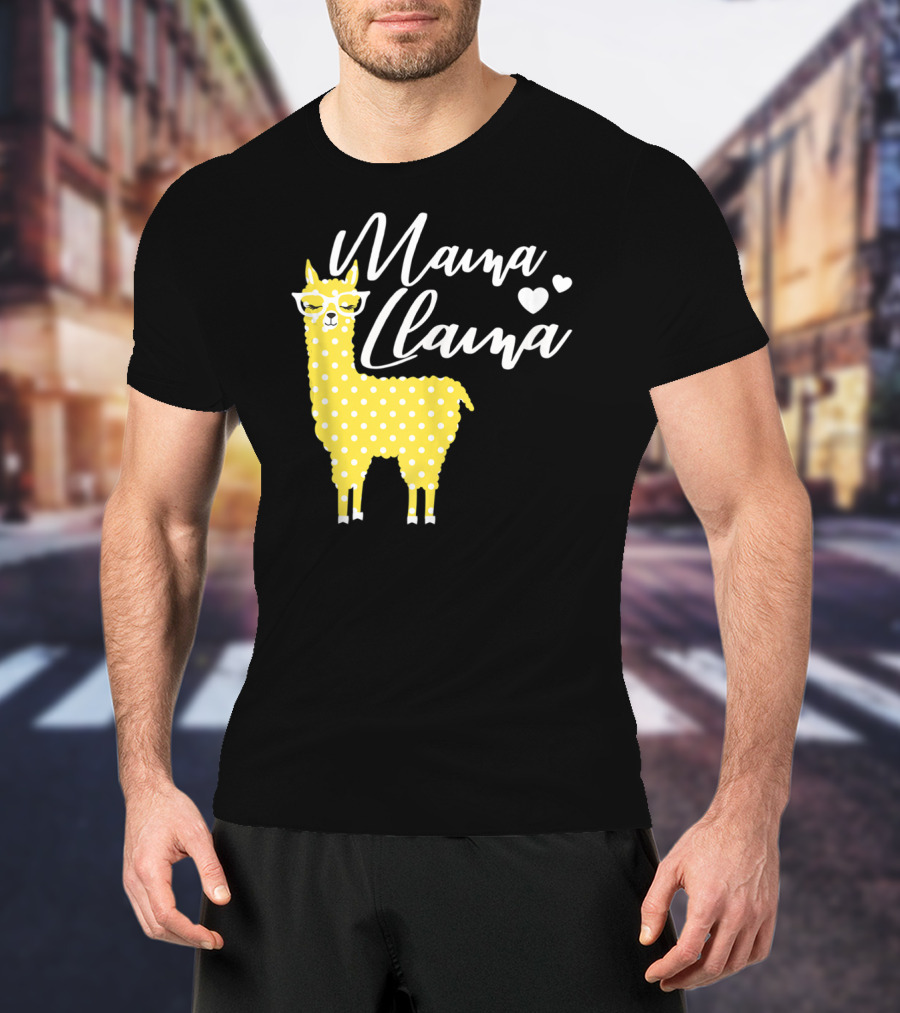 Mama Llama Yellow Polka Dots With Glasses And Hearts T-Shirt