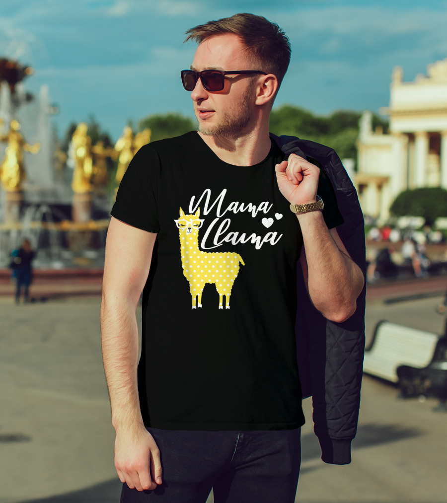Mama Llama Yellow Polka Dots With Glasses And Hearts T-Shirt