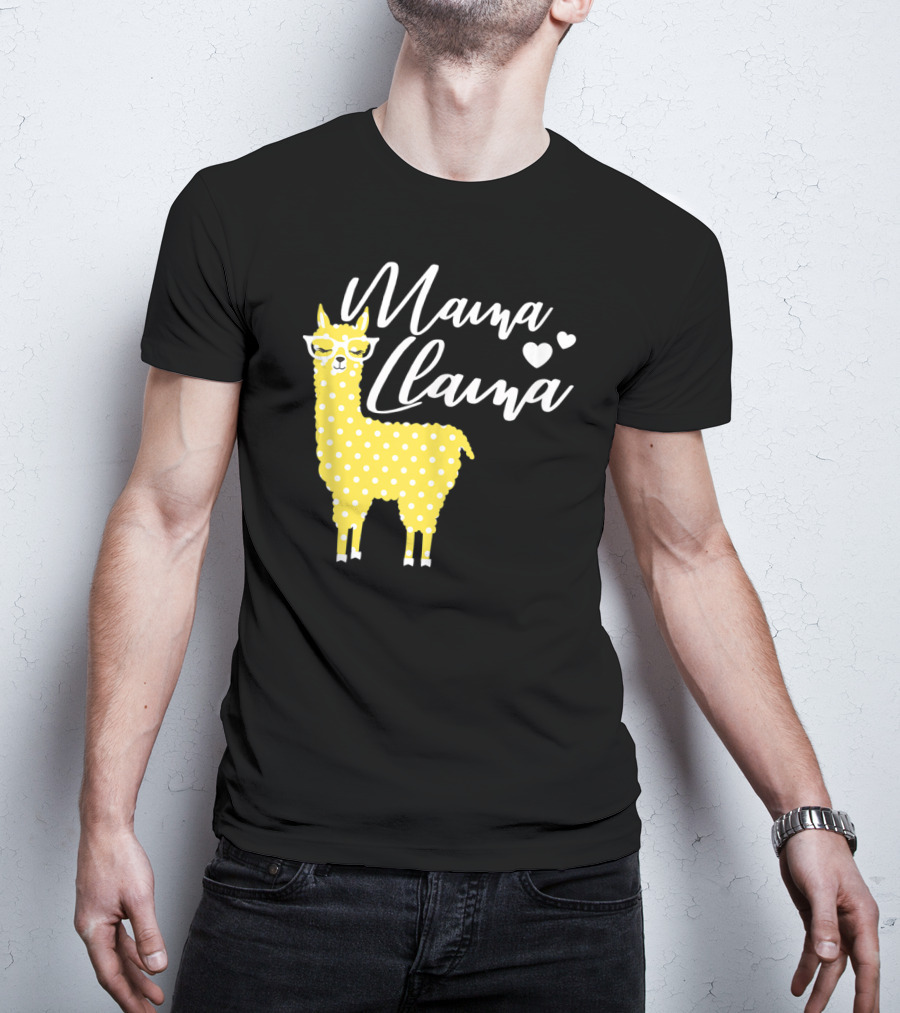 Mama Llama Yellow Polka Dots With Glasses And Hearts T-Shirt