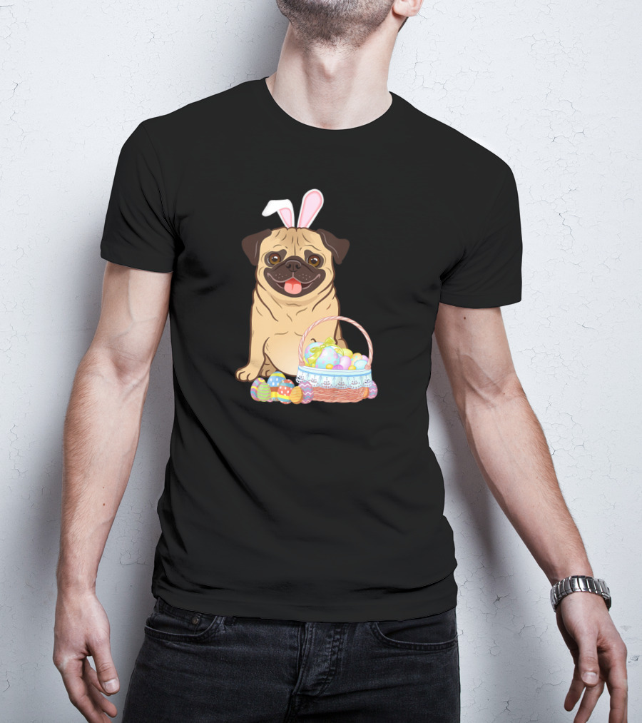 Pug Wearing Bunny Ears With Easter Egg Basket T-Shirt