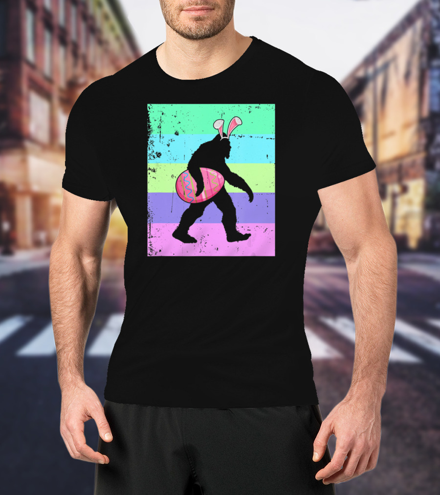 Retro Bigfoot Easter Bunny With Egg Rainbow Stripes T-Shirt