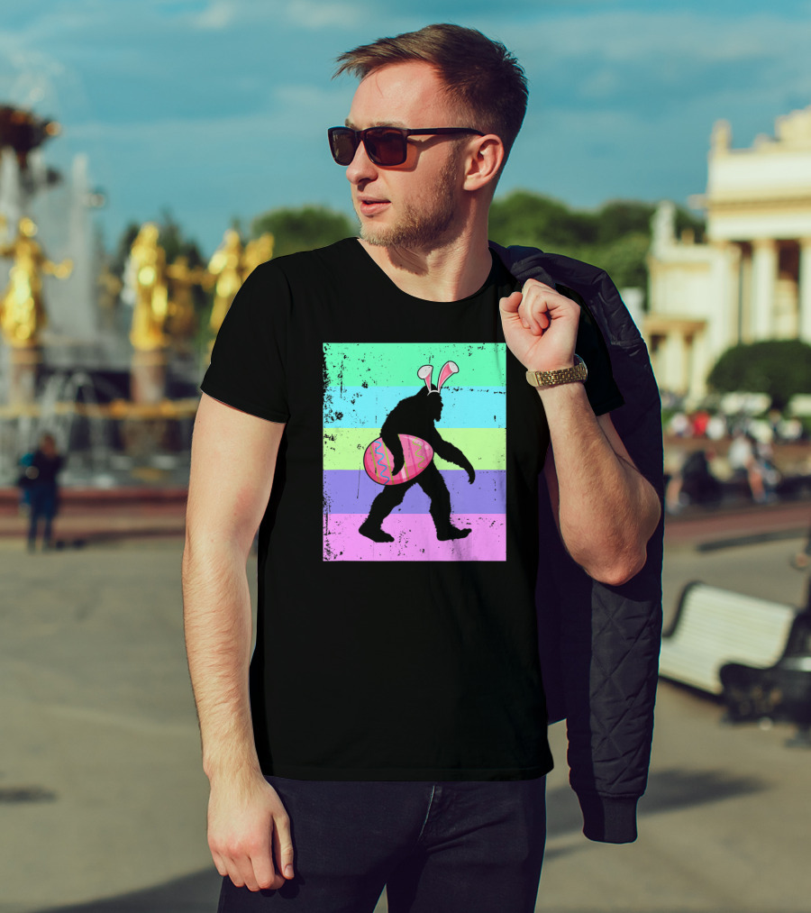 Retro Bigfoot Easter Bunny With Egg Rainbow Stripes T-Shirt