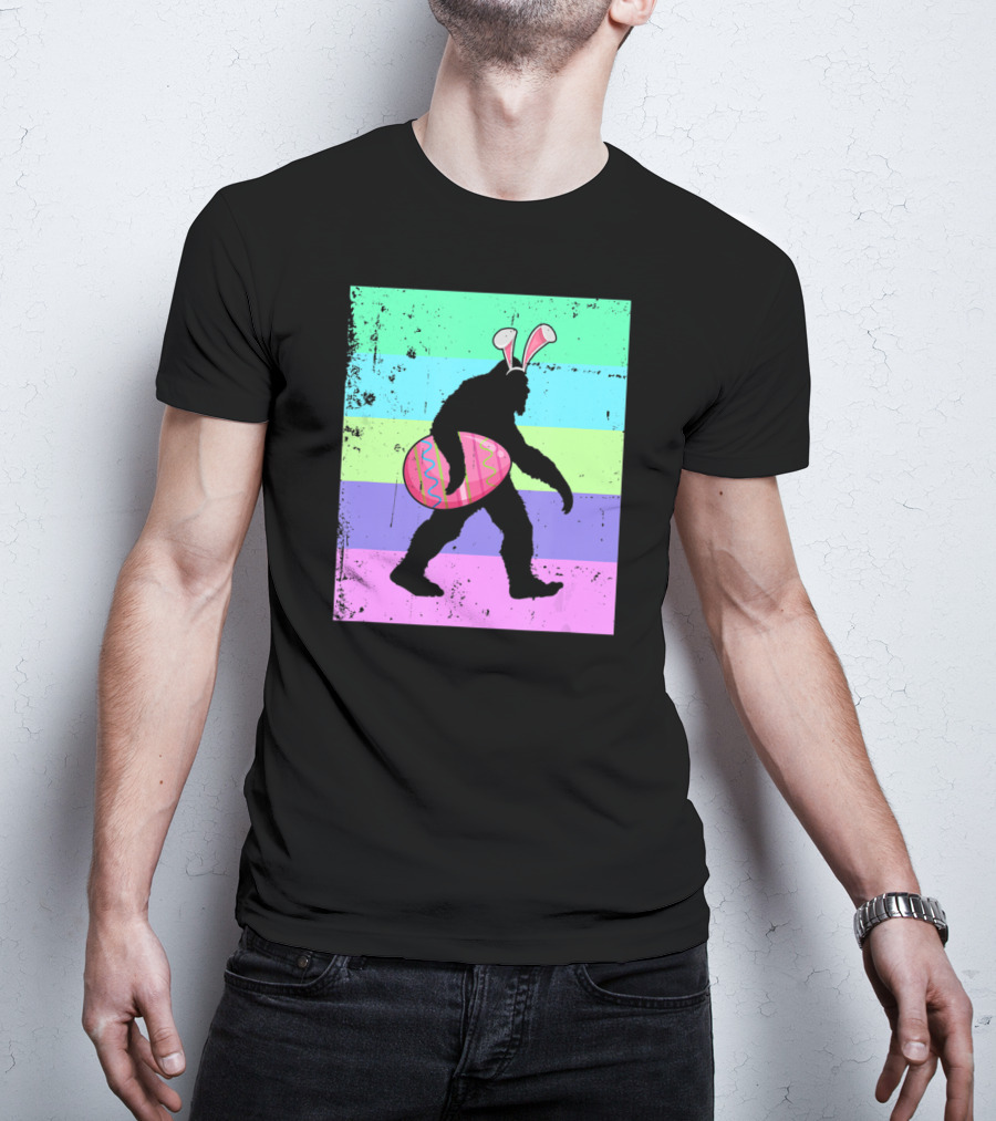 Retro Bigfoot Easter Bunny With Egg Rainbow Stripes T-Shirt