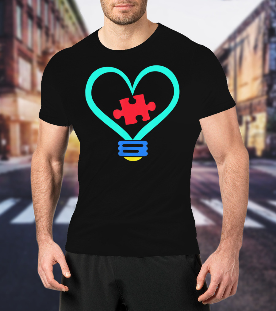 Lightbulb With Heart And Autism Puzzle Piece T-Shirt