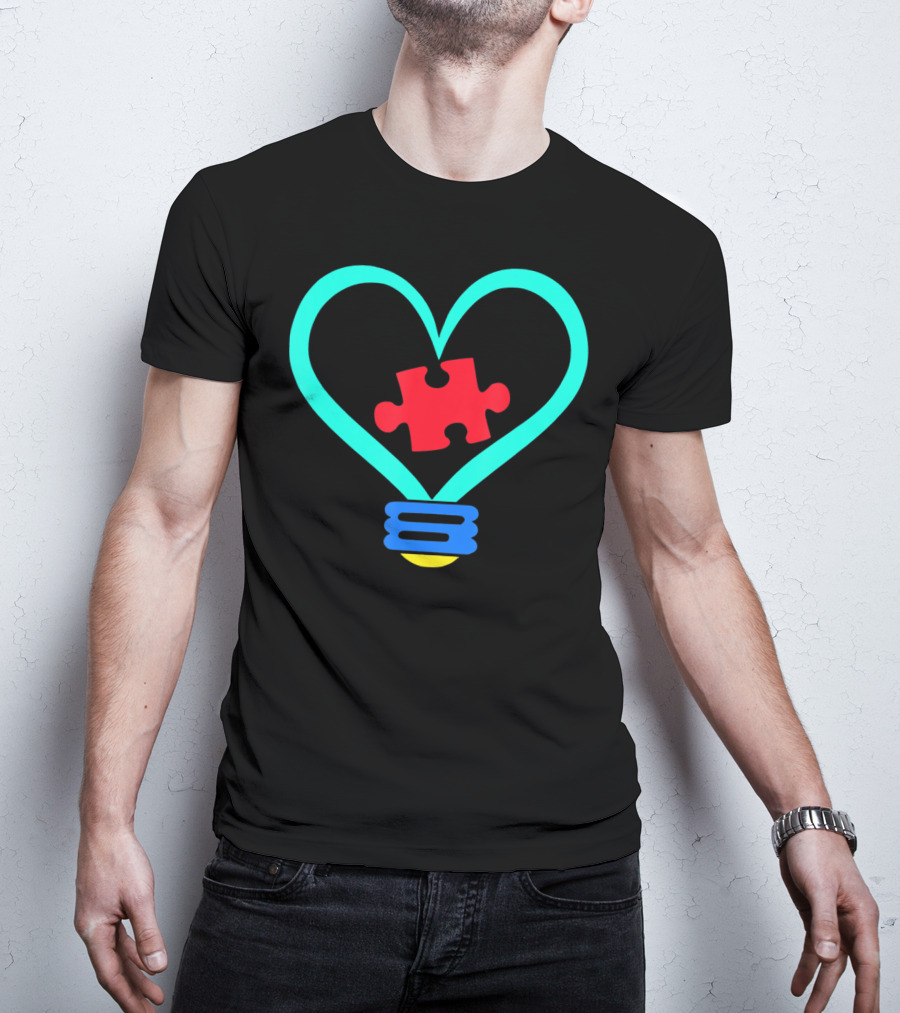 Lightbulb With Heart And Autism Puzzle Piece T-Shirt