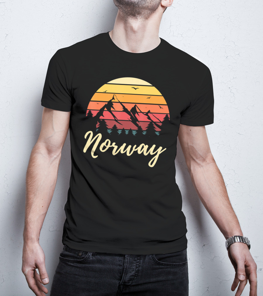 Retro Norway Mountain Sunset Landscape With Pine Trees And Birds T-Shirt