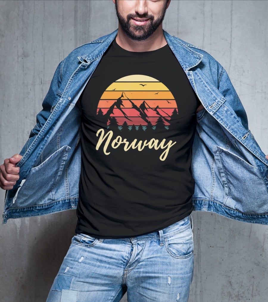 Retro Norway Mountain Sunset Landscape With Pine Trees And Birds T-Shirt