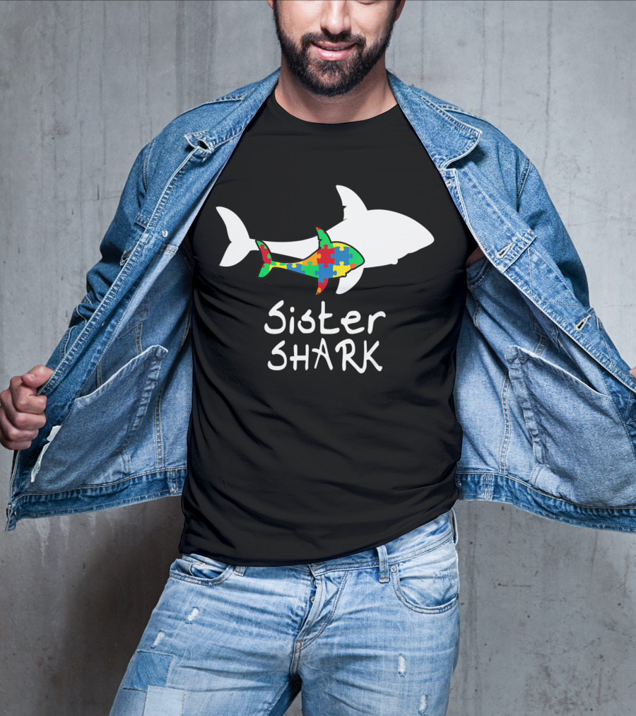 Sister Shark Autism Puzzle Piece Awareness T-Shirt