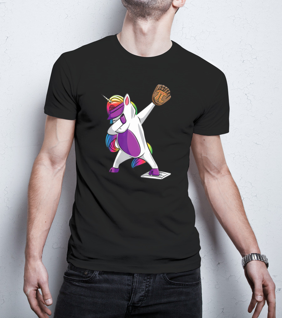 Pi Day Baseball Dabbing Unicorn Rainbow Glove T-Shirt