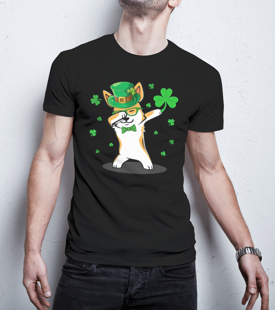 Dabbing Corgi With Shamrocks And Leprechaun Hat For St. Patrick's Day T-Shirt