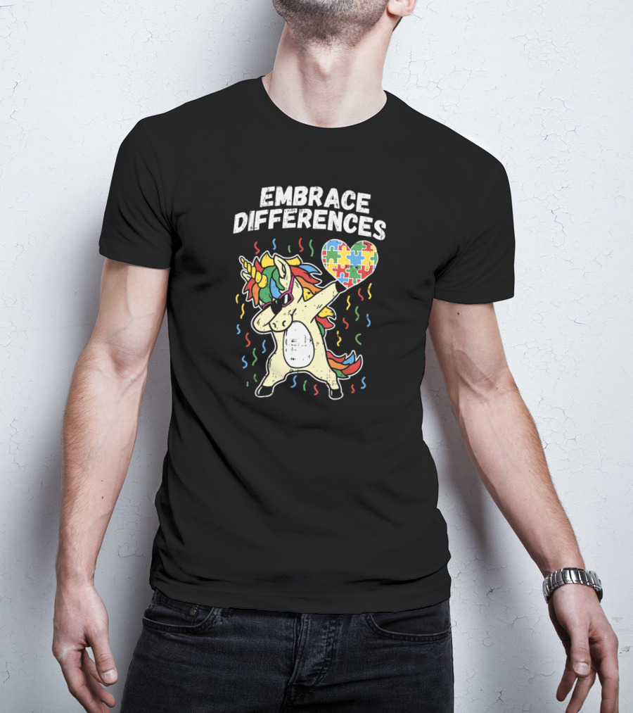 Embrace Differences Dabbing Unicorn Puzzle Heart Autism T-Shirt