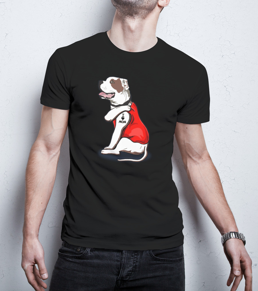American Bulldog Wearing I Love Mom Tattoo Paw Sleeve T-Shirt