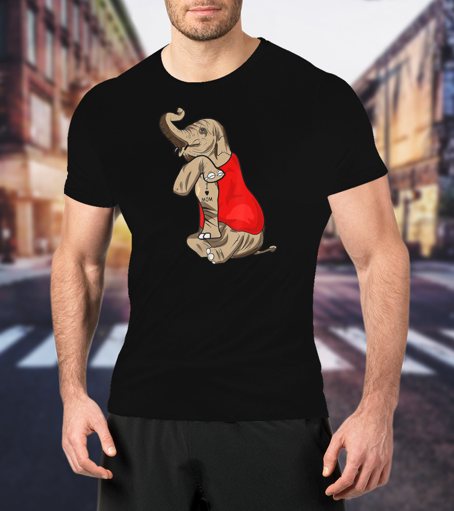 Elephant In Red I Love Mom Tattoos T-Shirt