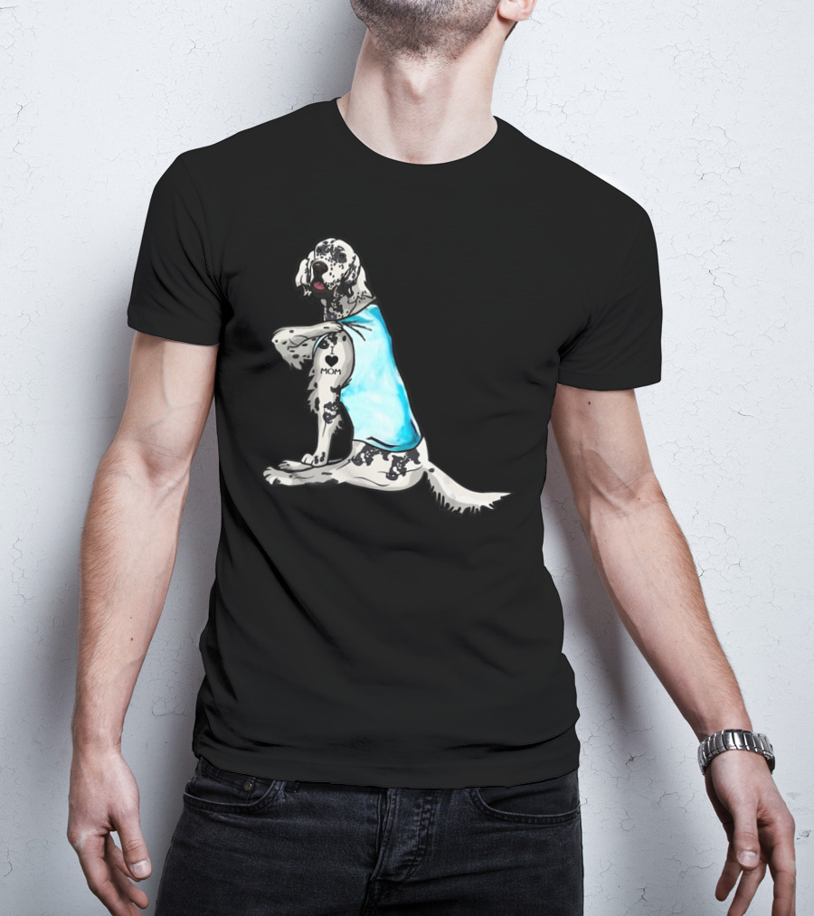 English Setter With I Love Mom Tattoo And Blue Bandana T-Shirt