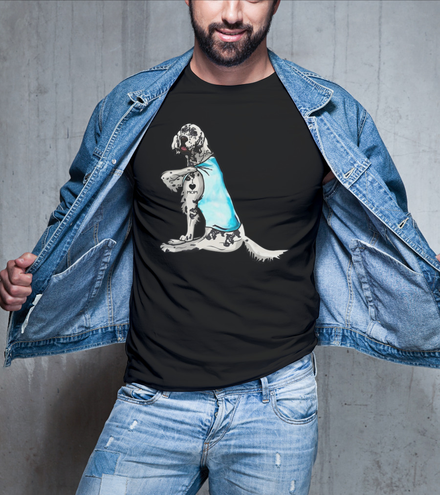 English Setter With I Love Mom Tattoo And Blue Bandana T-Shirt