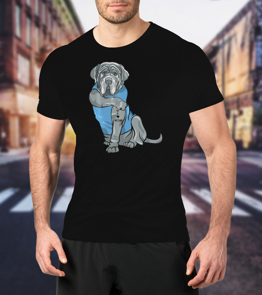 Neapolitan Mastiff I Love Mom Tattoo Dog Wearing Blue T-Shirt