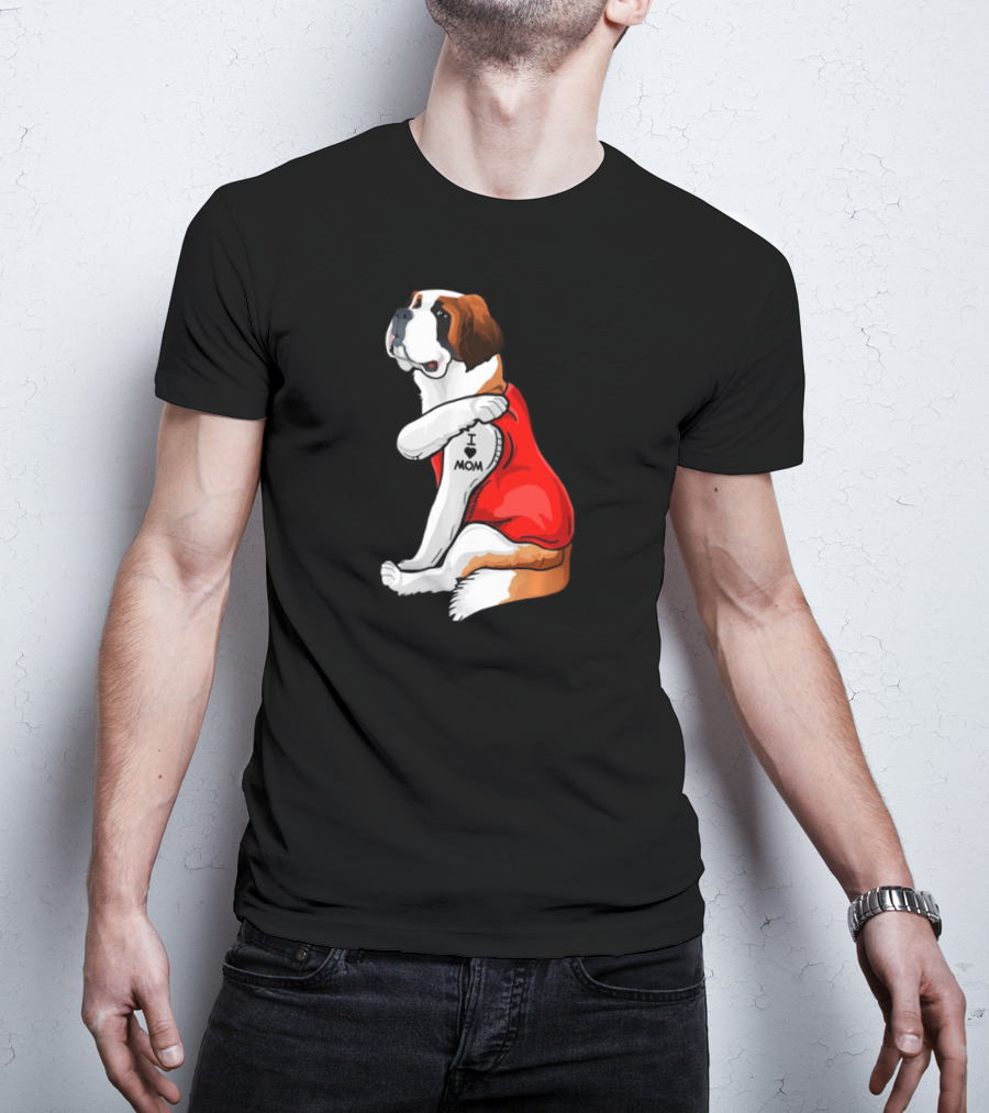 St Bernard Dog I Love Mom Tattoo Heart Red Top T-Shirt