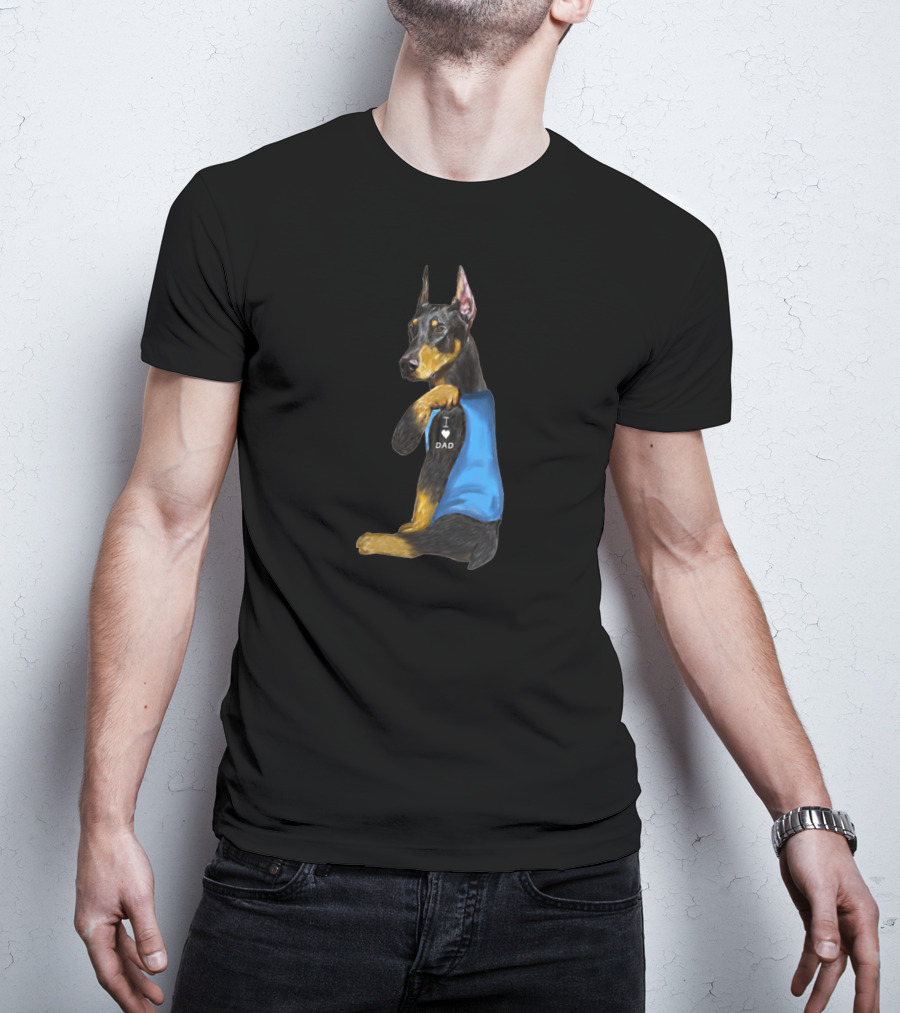 Dobermann I Love Dad Wearing Blue Vest T-Shirt