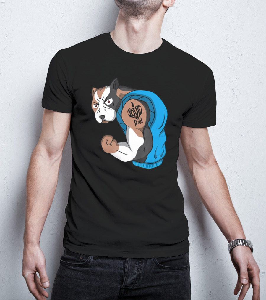 Funny Pit Bull Dog I Love Dad Tattoo Flexing Arm T-Shirt