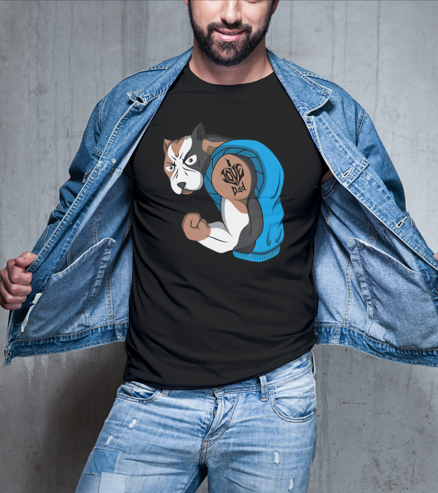 Funny Pit Bull Dog I Love Dad Tattoo Flexing Arm T-Shirt