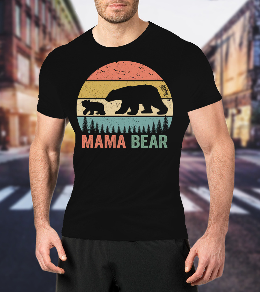 Mama Bear With Baby Cub Retro Sunset Silhouette Nature Scene T-Shirt