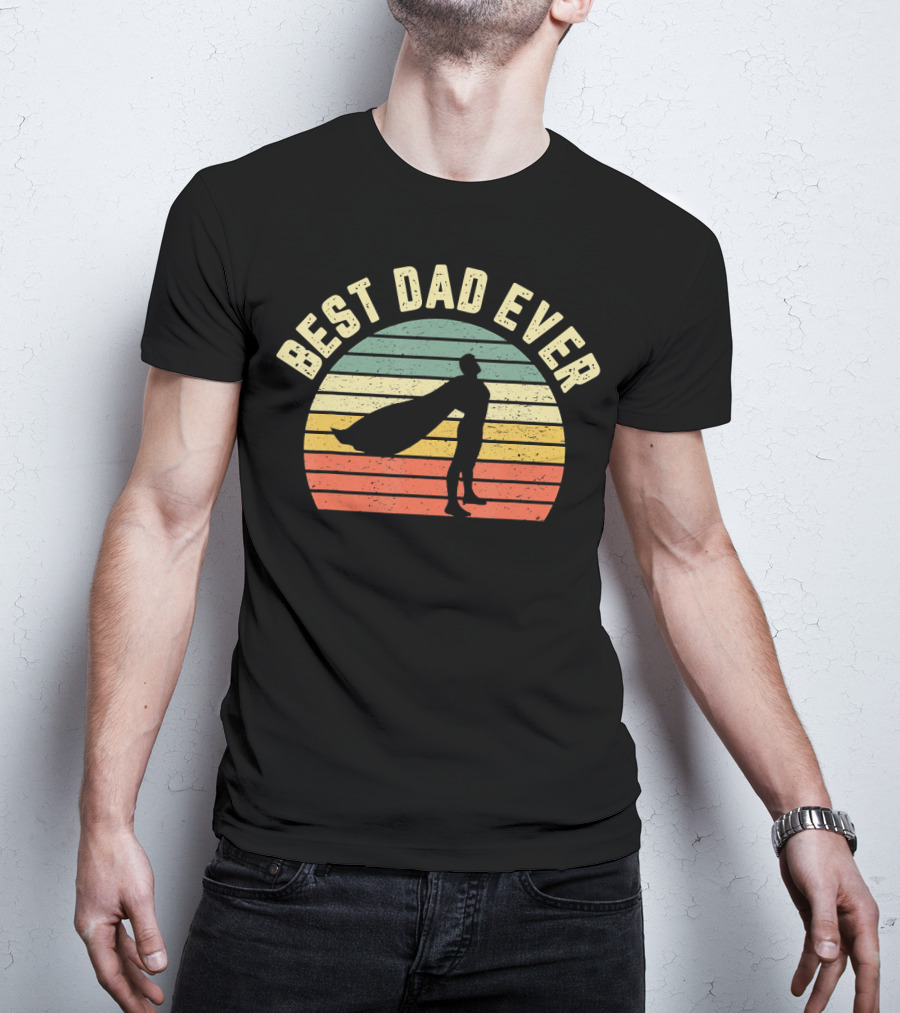 Best Dad Ever Superhero Silhouette Vintage Sunset Stripes T-Shirt