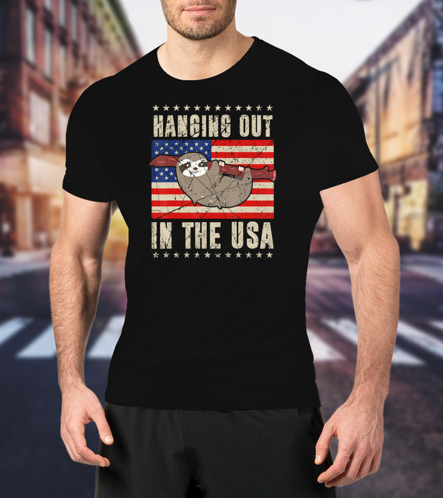 Sloth Hanging Out In The USA America Flag T-Shirt