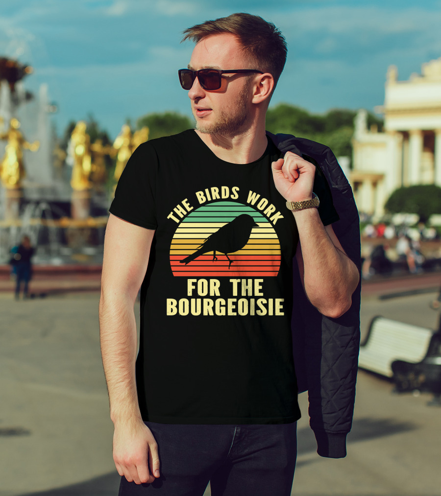 The Birds Work For The Bourgeoisie Retro Silhouette Bird Sunset Stripe T-Shirt
