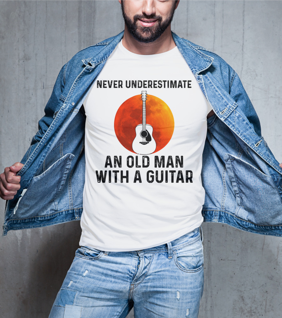 Never Underestimate An Old Man With A Guitar And Lunar Eclipse Background T-Shirt