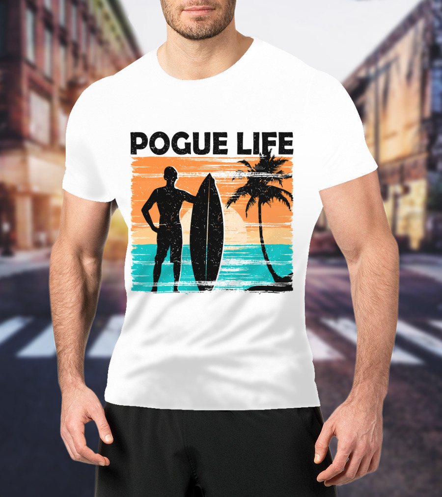 Pogue Life Outer Banks OBX Surf Silhouette Beach Sunset Palm Tree T-Shirt