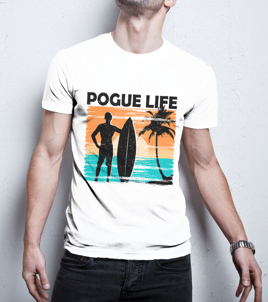 Pogue Life Outer Banks OBX Surf Silhouette Beach Sunset Palm Tree T-Shirt