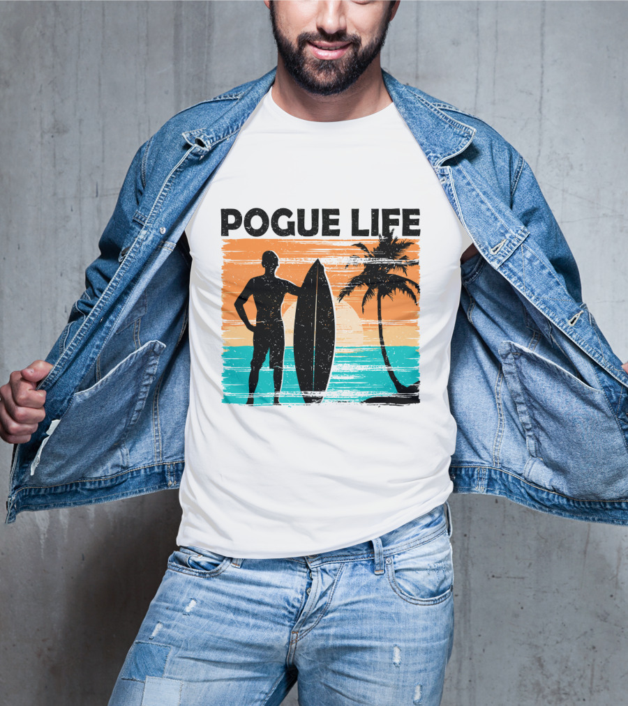 Pogue Life Outer Banks OBX Surf Silhouette Beach Sunset Palm Tree T-Shirt