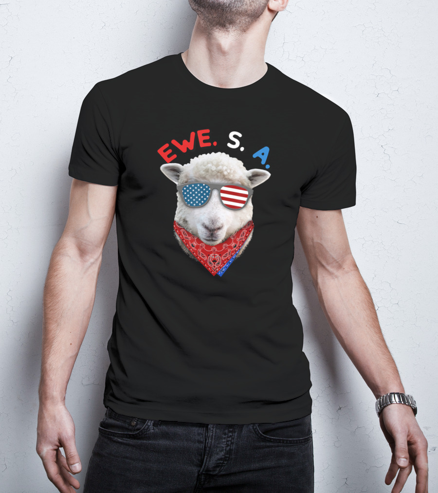 Ewe S A Sheep With USA Flag Sunglasses And Red Bandana T-Shirt