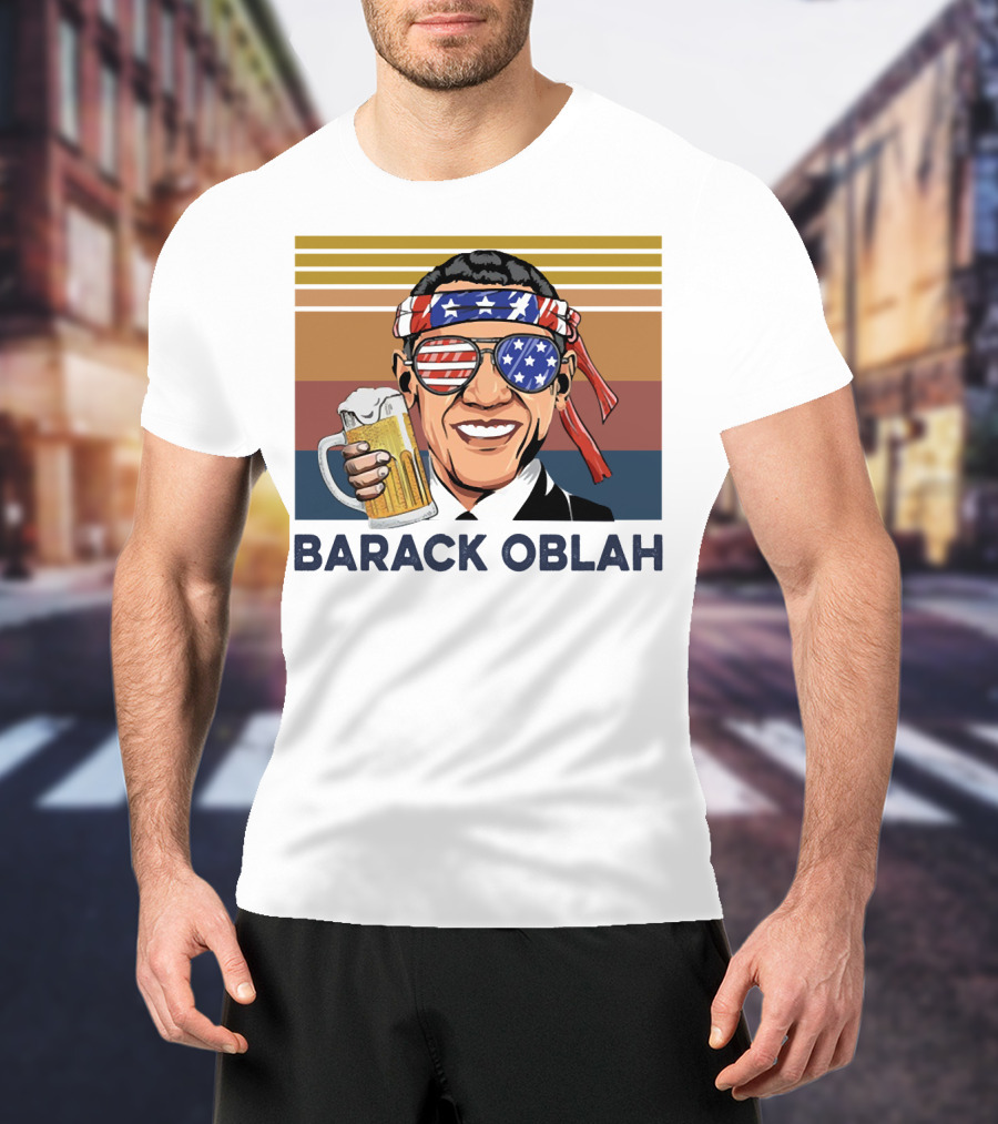 Barack Obama Oblah Drink Vintage USA Flag Headband And Stars Stripes Shades With Beer Mug T-Shirt