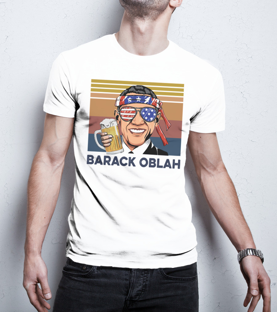 Barack Obama Oblah Drink Vintage USA Flag Headband And Stars Stripes Shades With Beer Mug T-Shirt