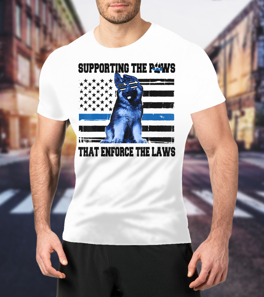 Supporting The Paws That Enforce The Laws Police Dog American Flag Sunglasses T-Shirt