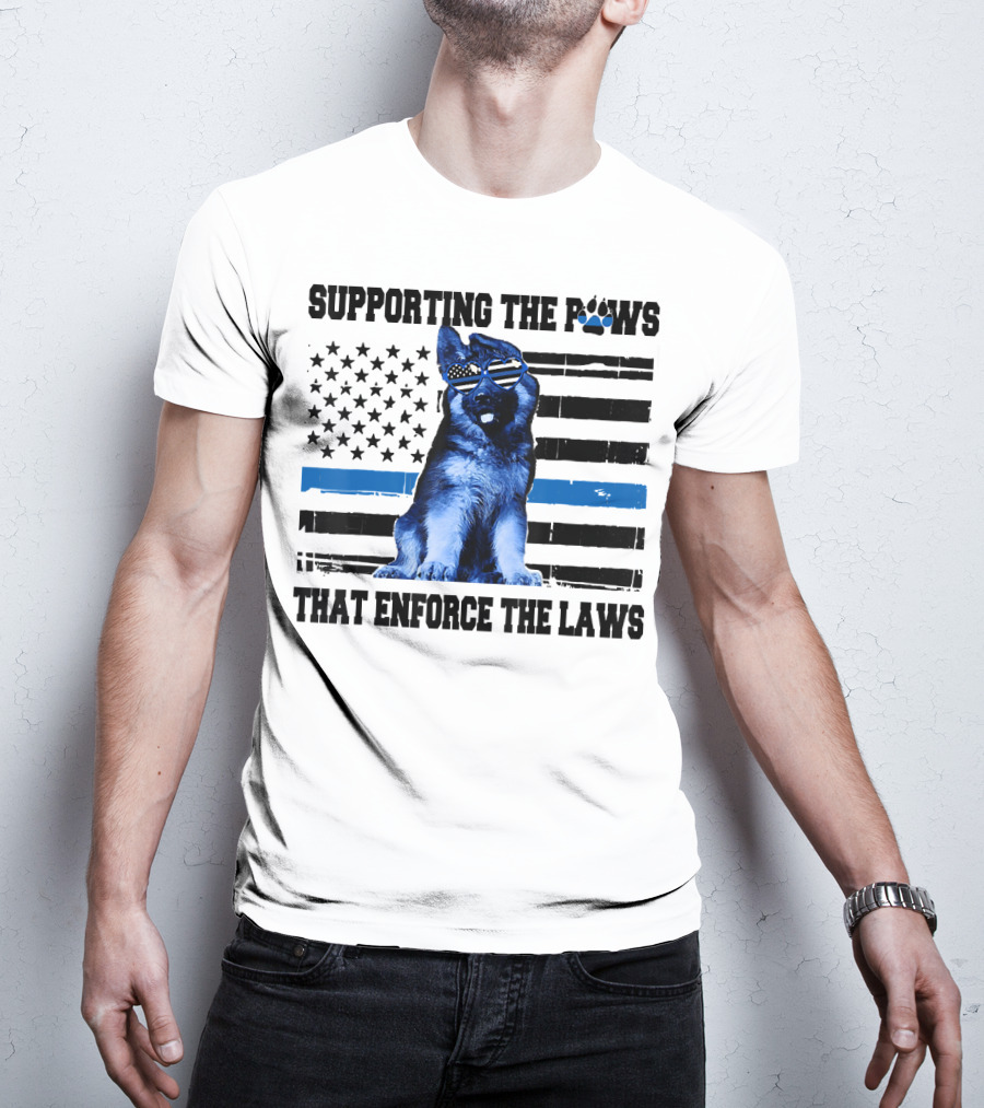 Supporting The Paws That Enforce The Laws Police Dog American Flag Sunglasses T-Shirt