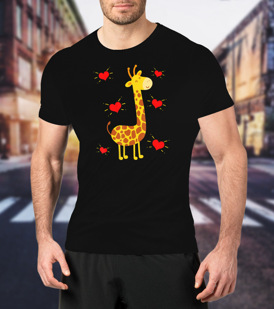 Giraffe Lover Heart Zookeeper With Cute Giraffe Surrounded By Red Hearts T-Shirt