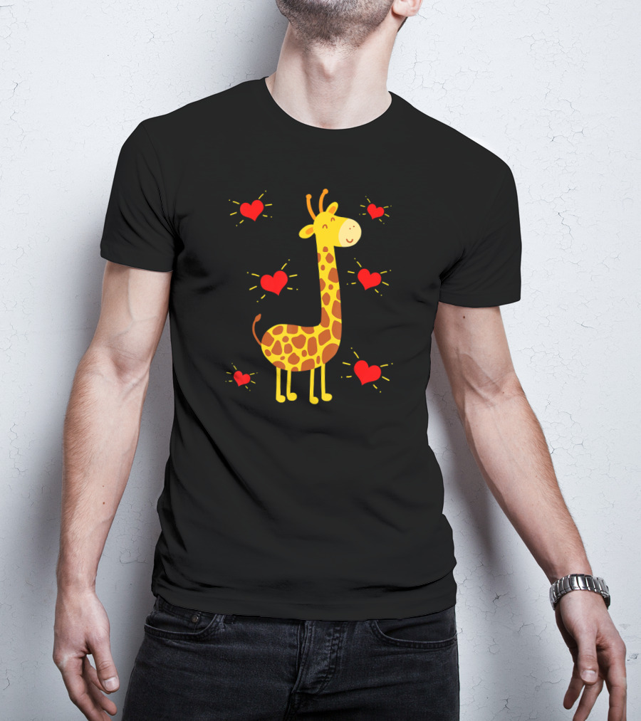 Giraffe Lover Heart Zookeeper With Cute Giraffe Surrounded By Red Hearts T-Shirt