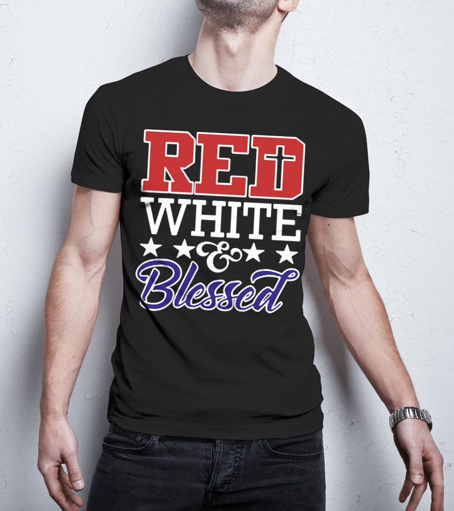 Red White Blessed Patriot Cross Stars T-Shirt