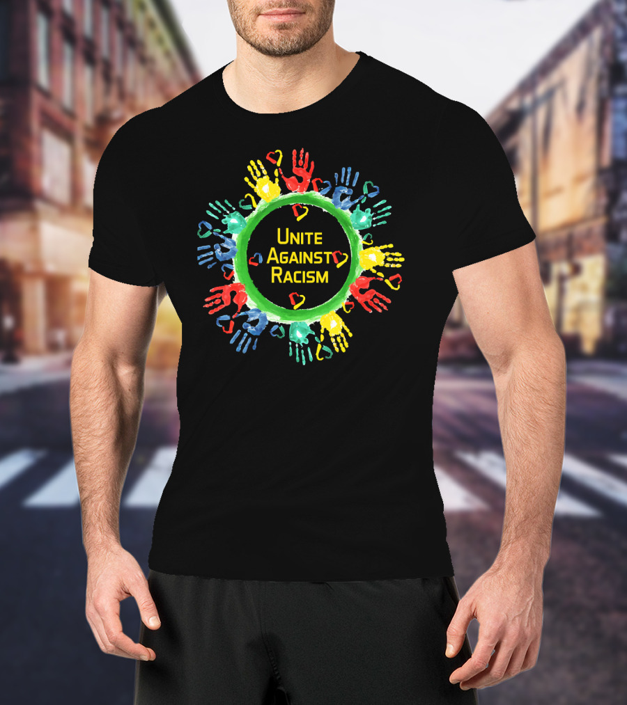 Unite Against Racism Colorful Handprints Circle With Hearts T-Shirt