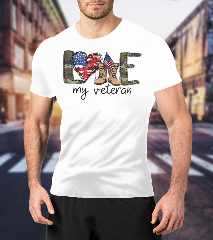 Love Camouflage Heart Boots American Flag My Veteran T-Shirt