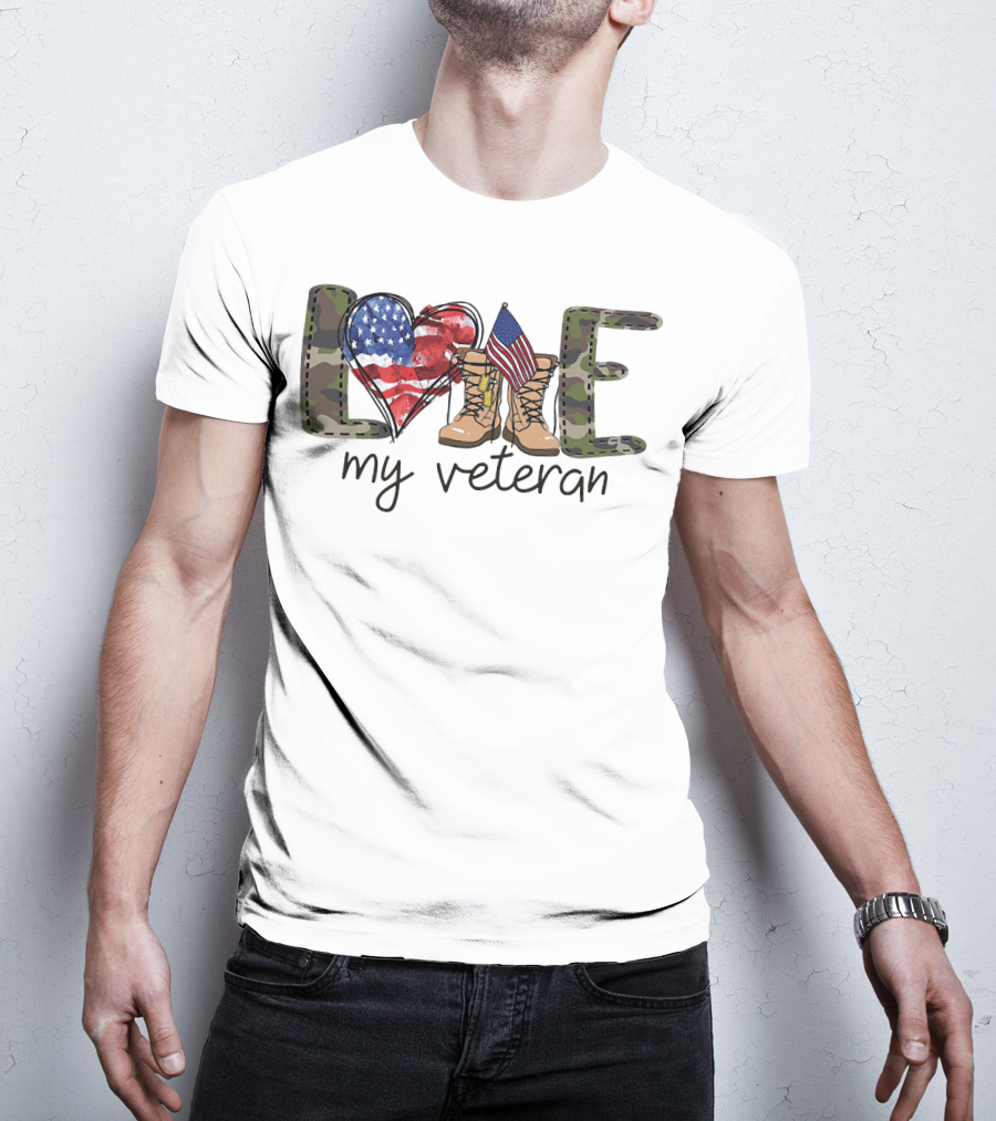 Love Camouflage Heart Boots American Flag My Veteran T-Shirt