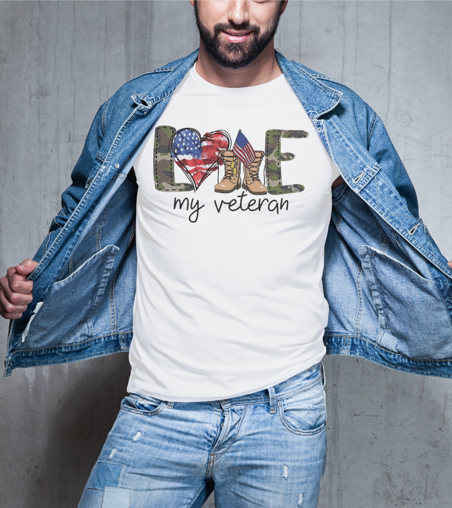 Love Camouflage Heart Boots American Flag My Veteran T-Shirt