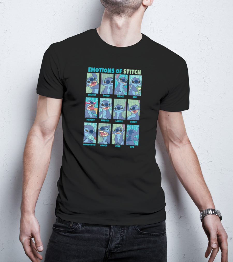 Disney Lilo And Stitch Excited Bored Shock Sad Delight Amused Lonely Suave Disappointed Anger Fear Bye Emotions Of Stitch T-Shirt