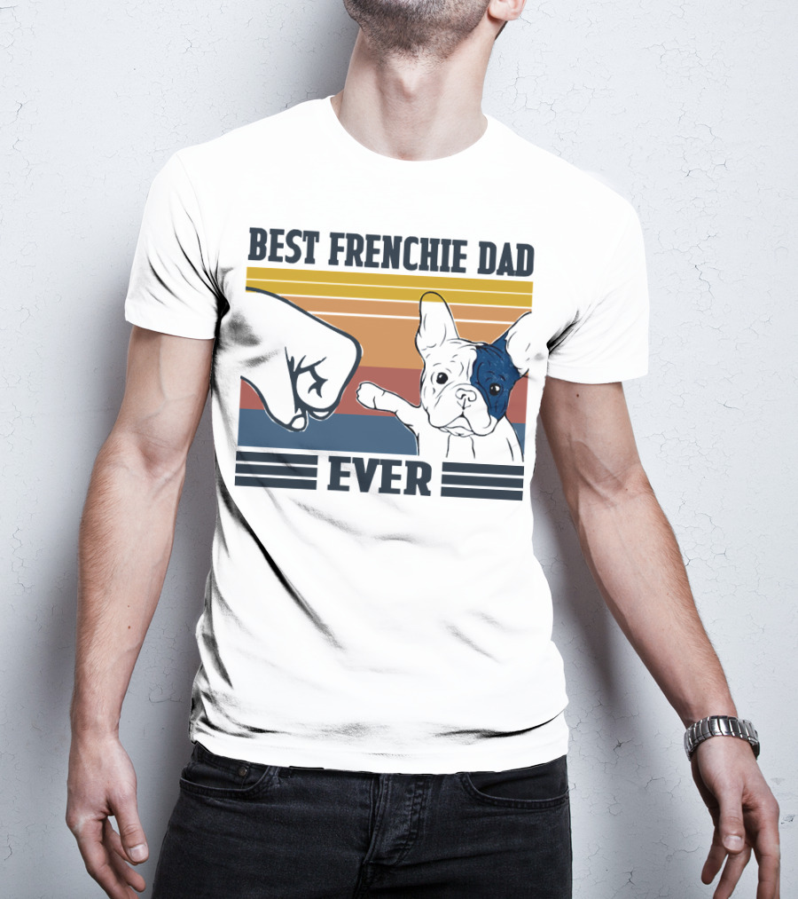 Best Frenchie Dad Ever Fist Bump Retro Stripes Dog Punch Paw Puppy T-Shirt